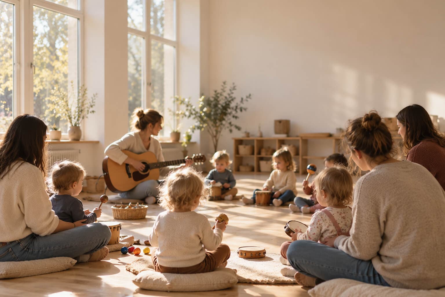 Eltern sitzen mit Kleinkindern im Kreis und musizieren mit Rasseln und Trommeln, die Kursleiterin spielt Gitarre