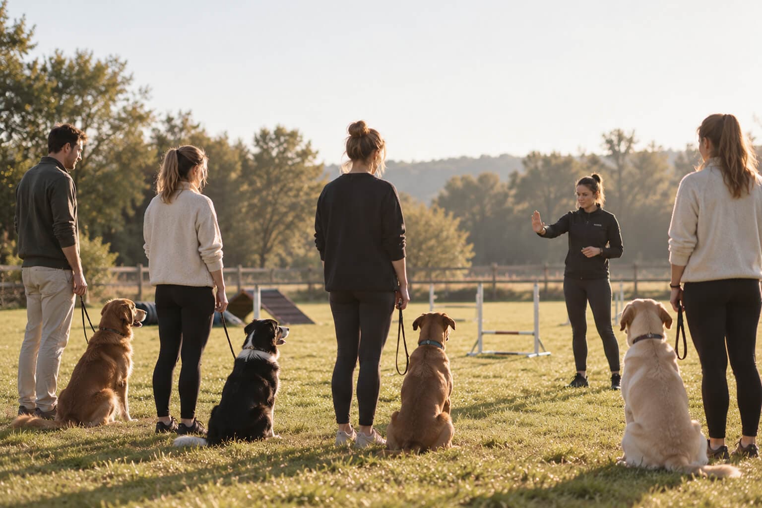 Gruppenstunde auf dem Hundeplatz: Halterinnen und Halter mit sitzenden Hunden, die Trainerin erklärt eine Übung