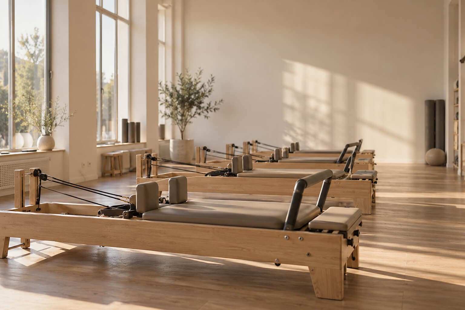 Reihe von Reformern aus hellem Holz in einem sonnigen Pilates-Studio