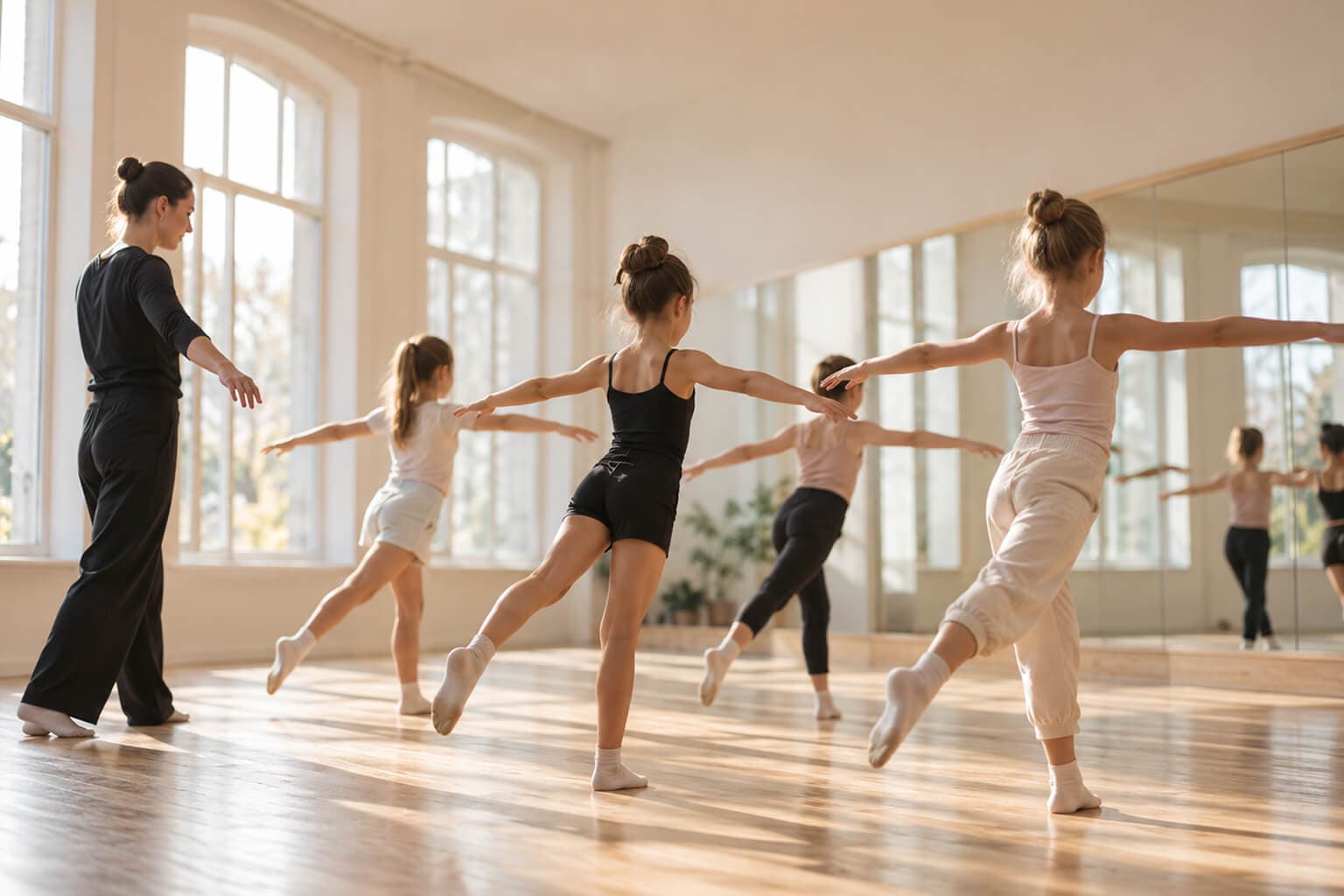 Tanzlehrerin übt mit einer Kindergruppe im hellen Ballettsaal